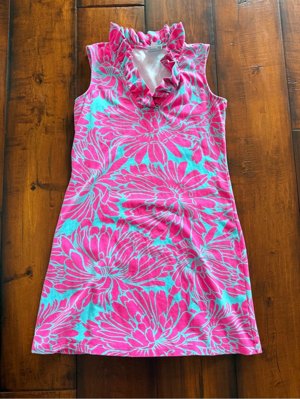 Haley and the Hound Sleeveless Ruffle Neck Mini Dress in Pink & Aqua